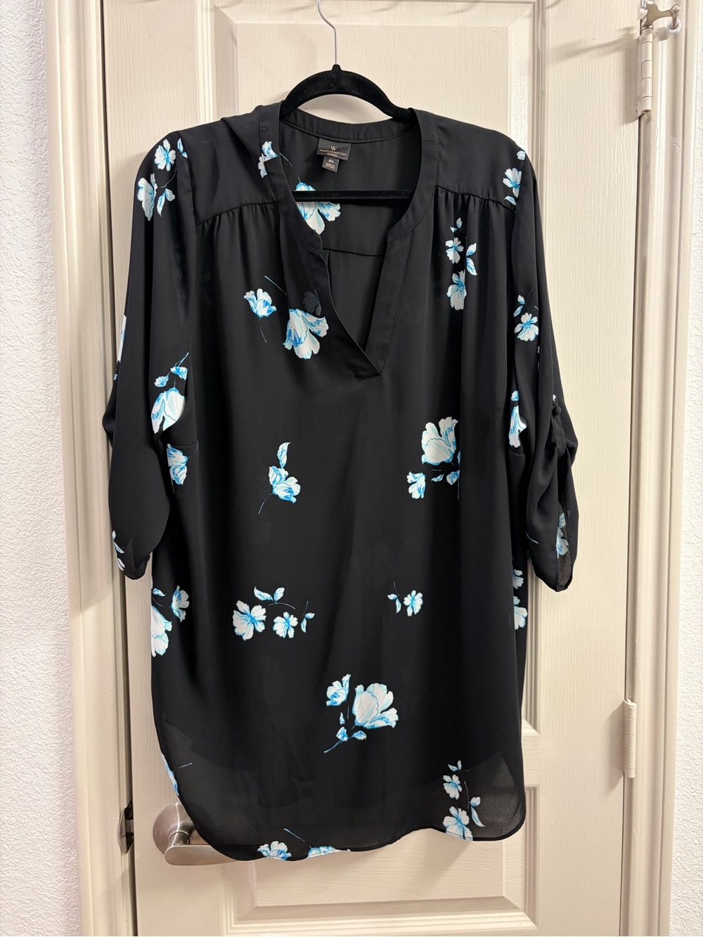 Worthington Black Tunic with Light Blue & White Floral Print